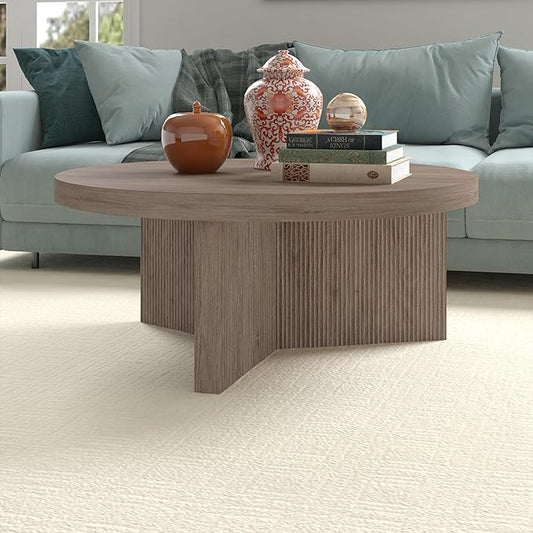 Henn&Hart 36" Fluted Round Low-Profile Coffee Table with Ribbed Pedestal Base for Living Room, Family Room, or Office, Antiqued Gray Oak
