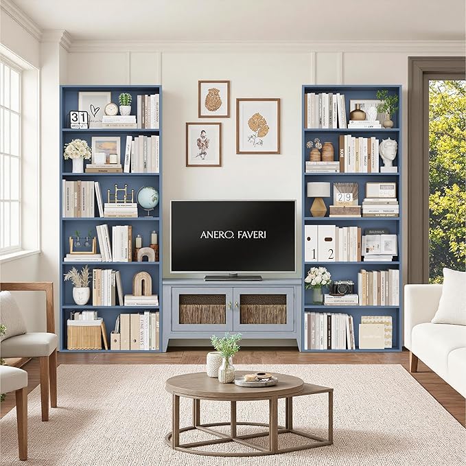 FOTOSOK 70.8" Tall Bookcase Shelf, 6 Tier Wide Bookshelf with Storage, Billy Bookcase Set of 2, Large Bookshelf for Living Room, Home Office,Blue