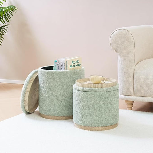 PINPLUS Round Ottoman with Storage Set of 2, Storage Ottoman with Tray, Teddy Velvet Ottoman Storage Modern Multifunctional Foot Rest Stool for Bedroom, Living Room, Dorm (Green)