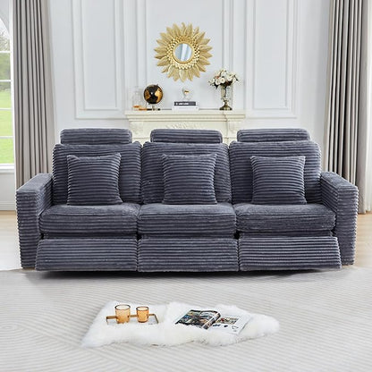 Power Reclining Sectional Sofa, Electric 3 Seat Recliner with 3 Electric Footrest and Adjustable Headrest, Modern Plush Corduroy Fluffy Reclining Sectional with Deep Seat for Living Room-Blue Grey