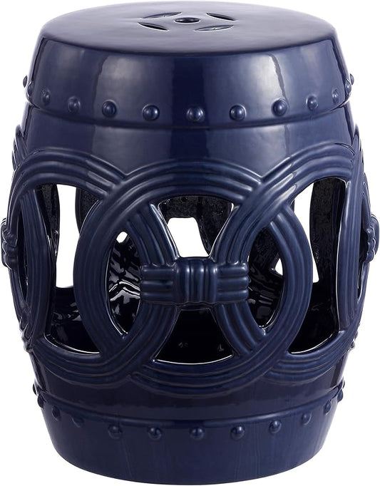 JONATHAN Y TBL1022B Lucky Coins 16" Chinese Ceramic Drum Indoor/Outdoor Garden Stool Bohemian, Coastal, Classic, Cottage, French Country, Traditional, Side Table, Plant Stand, Spill-Proof, Navy