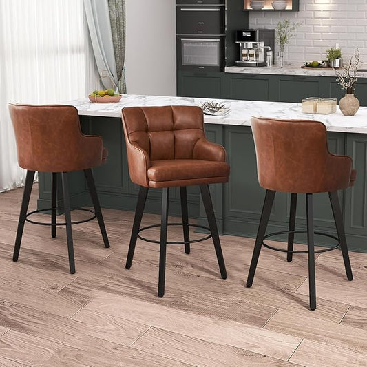 360°Swivel Counter Height Bar Stools with Back, 30 inch Solid Wood Legs, Bar Stool Modern Kitchen Island Chairs, Faux Leather (Brown- Faux Leather, 30" H- Set of 3)