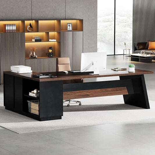 Tribesigns L-Shaped Executive Desk, 78-Inch Large Office Desk with Drawers and Lateral File Cabinet, Modern Business Furniture with Storage Shelves, Workstation for Home Office (Walnut + Black)