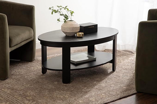 Kate and Laurel Foxford Modern Tiered Oval Coffee Table; 38 x 24 x 18; Black; Transitional Two-Tier Living Room Table with Storage and Resilient Wood Construction