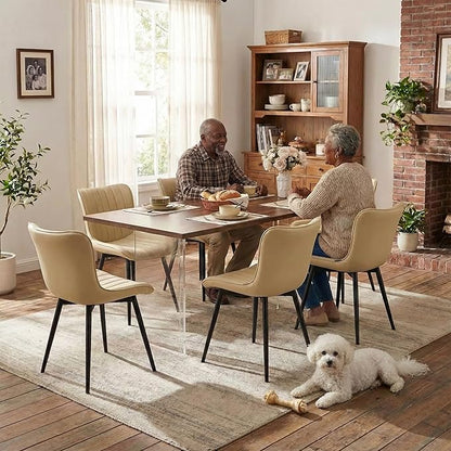 YOUNUOKE Mid-Century Modern Dining Chairs Set of 2, Beige PU Leather Upholstered Kitchen Chairs with Black Metal Legs, Armless Accent Chair for Dining Room, Guest Reception Room