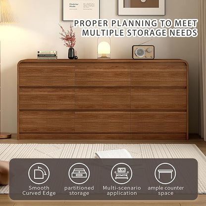 9 Drawer Dresser For Bedroom 63 Inch Wood Chest of Drawers - Curved Anti Collision, Mid Century Dresser For Closet with Natural Texture & Pre-Embedded Slots for TV Stand, Living Room, Nursery