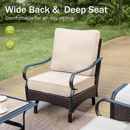 Patio Furniture Set with 56" Fire Pit Table, Premium Outdoor Wicker Metal Frame Furniture with Upgraded Waterproof Thick Cushions for Porch, Poolside, Deck, and Yard