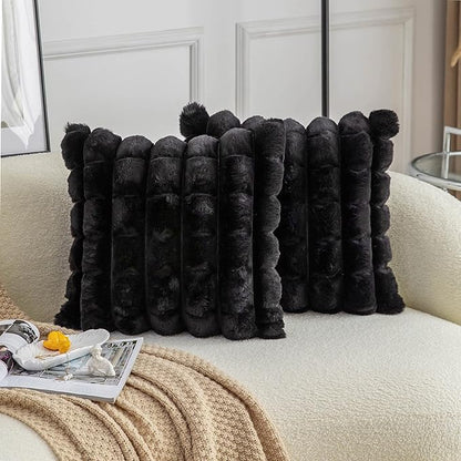 Neelvin Black Faux Fur Cozy Soft Plaid Decorative Throw Pillow Covers 24x24 inch Set of 2,Velvet Pillowcase Cushion Case for Sofa Couch