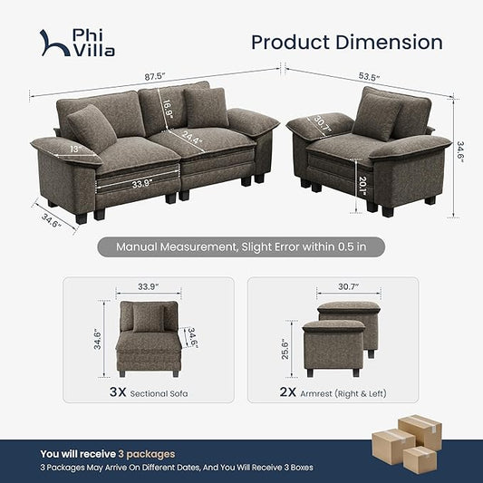 PHI VILLA Cloud Modular Couches Sets, 2 Pieces Sectional Sofa Set with Loveseat, 3-Seater Comfy Couch for Living Room Apartment, Chenille Fabric, Smoky Grey