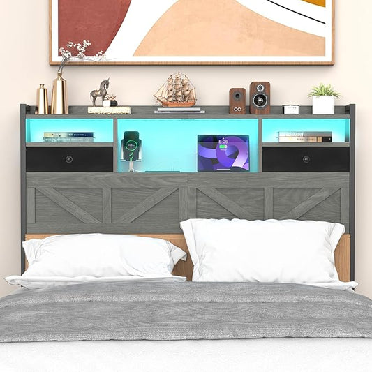 Queen Size Headboard with Drawers, Outlets & USB Ports,Sturdy Wood Bed Frame with Adjustable Height, Built-in LED Lighting (Grey, Queen 59 * 7.08 * 45.7)