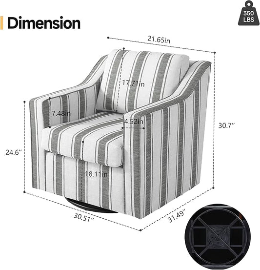 Pia Ricco Set of 2 Oversized Modern Striped Fabric Swivel Accent Chairs with Removable Covers, Living Room Reception Set