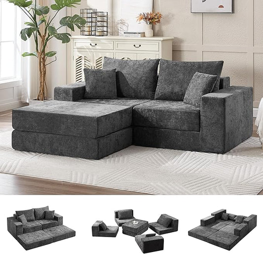 79" Boneless Cloud Loveseat Sofa Couch, Modular Foldable Floor Sofa with Ottoman, Chenille Lounge Convertible Sofa Bed for Living Room, No Assembly, Dark Grey