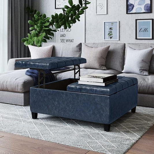 SIMPLIHOME Harrison 36 inch Wide Transitional Square Coffee Table Storage Ottoman in Denim Blue Vegan Faux Leather, Assembled, For the Living Room and Bedroom