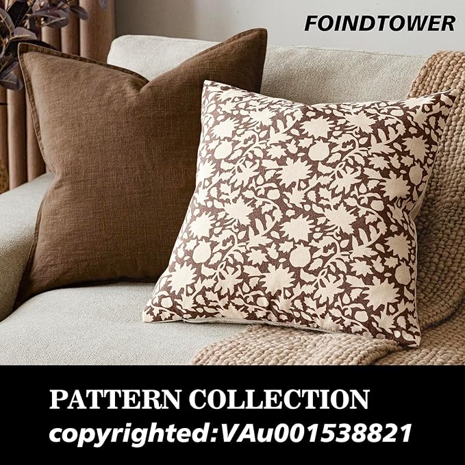 Foindtower Set of 2 Decorative Neutral Floral Throw Pillow Covers Accent Farmhouse Cushion Covers Boho Vintage Pillowcase for Couch Sofa Bedroom Living Room Home Decor,20×20 Inch,Brown