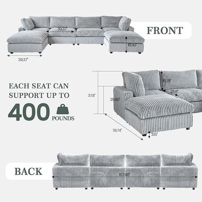 Sectional Couches for Living Room, U Shaped Couch with Chaise Ottoman, 6 Piece Modular Sectional Cloud Couch with Removable Covers, Modern Modular Sofa for Home Office, Gray