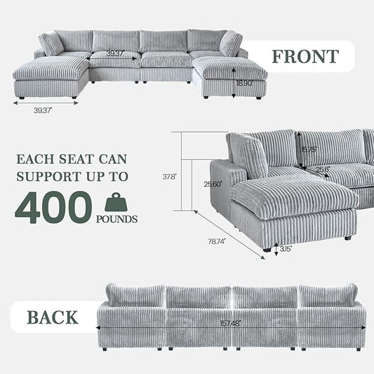 Sectional Couches for Living Room, U Shaped Couch with Chaise Ottoman, 6 Piece Modular Sectional Cloud Couch with Removable Covers, Modern Modular Sofa for Home Office, Gray