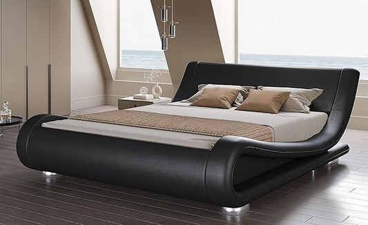 SHA CERLIN Full Size Upholstered Bed Frame, Deluxe Low Profile Sleigh Bed with Faux Leather Ergonomics Headboard, No Box Spring Needed & Easy Assembly, Black