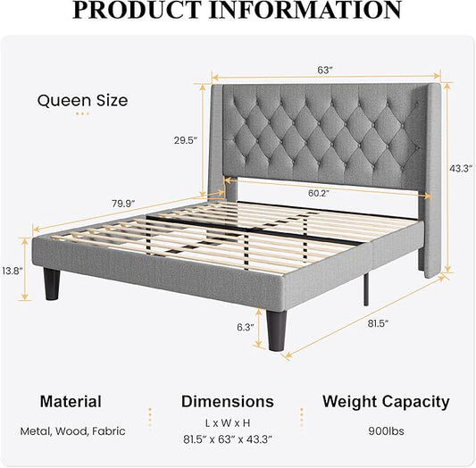 SHA CERLIN Queen Size Upholstered Platform Bed Frame with Wingback Headboard, Tufted Linen Fabric, Wooden Slats Support, Easy Assembly, No Box Spring Needed, Light Grey