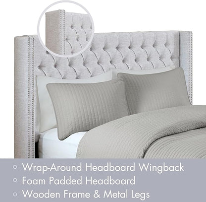 Madison Park Queen Button Tufted Headboard, Adjustable Upholstered Transitional Wingback Headboard, Nailhead Trim, Wooden Frame, Black Metal Legs, Flush Flat Back, Vintage Bedroom Décor Amelia - Grey
