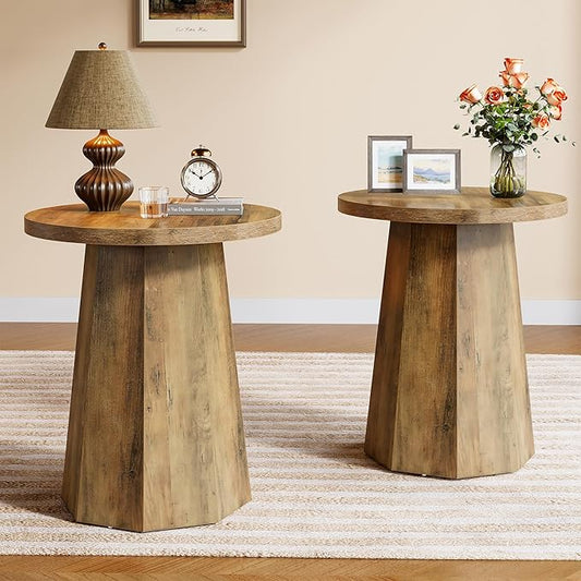 Tribesigns Farmhouse Round End Table, Wooden Couch Side Table with Octagonal Base, Rustic Brown Nightstand Pedestal Accent Furniture for Living Room, Bedroom (2)