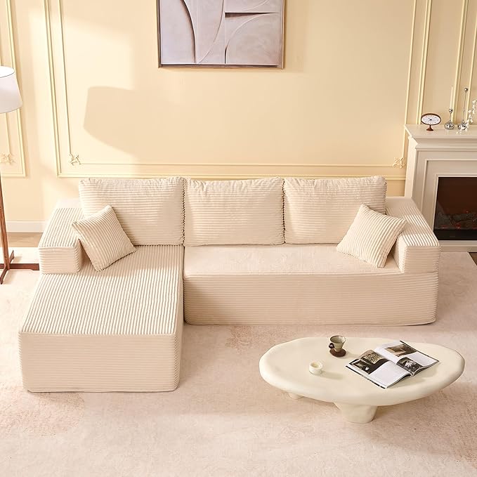 107" Boneless Couch with Deep Seat, Modular Sectional Sofa, Cloud Sectional Couch for Living Room, No Assembly Required, Corduroy, L-Shape Left，White