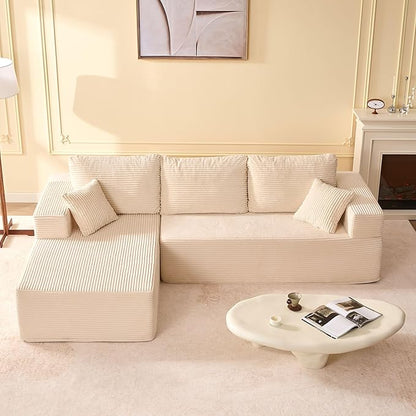 107" Boneless Couch with Deep Seat, Modular Sectional Sofa, Cloud Sectional Couch for Living Room, No Assembly Required, Corduroy, L-Shape Left，White