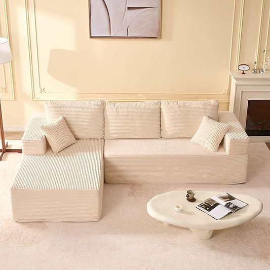 107" Boneless Couch with Deep Seat, Modular Sectional Sofa, Cloud Sectional Couch for Living Room, No Assembly Required, Corduroy, L-Shape Left，White