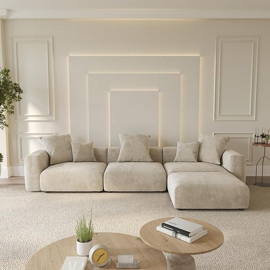 WJShome Cloud Couch Modular Sectional Sofa,141.73inch L Shaped Couch,Oversized Corduroy Couches with Ottoman and Pillows, Beige 4 Seaters Cushion Covers Removable& Washable