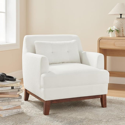 VANOMi Comfy Accent Chair, Terry Oversized Lounge Chair with Cushion, Mid-Century Modern Living Room Chairs Comfy Chair for Bedroom, Apartment, White