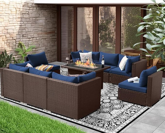 NICESOUL 9 Piece Patio Sectional Sofa Set with Fireplace Natural Gas/Propane, 29.3'' High Back Deep Seats Outdoor Conversation Couch, Extra-Large Wicker Furniture Sets, Brown Rattan and Blue Cushion