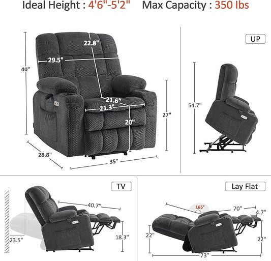 MCombo Dual Motor Power Lift Recliner Chair for Elderly, Lay Flat Lift Chair with Heat and Massage, Petite Lift Chair, Cup Holders, USB A&C Ports, Fabric 7893 (Small, Dark Gray)