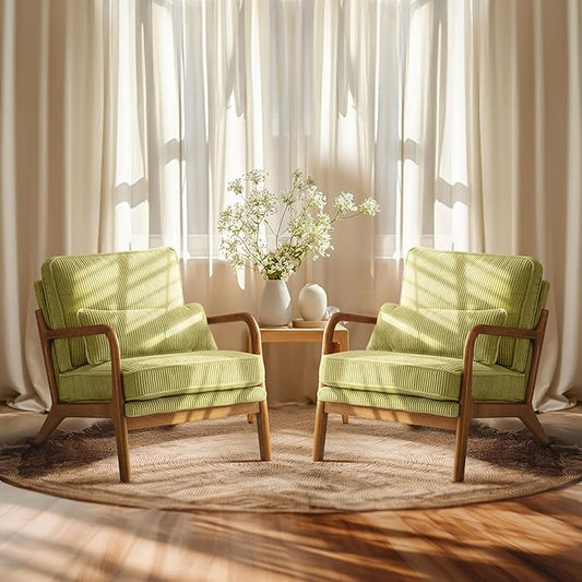 VINGLI Upgraded Premium Corduroy Accent Chairs Set of 2,Upholstered Arm Chair,Solid Wood Comfy Reading Chair with Pillow, Mid Century Modern Chairs for Living Room,Bedroom,Green