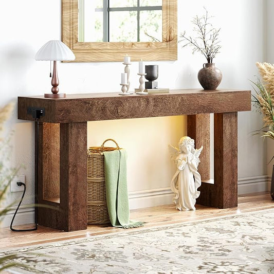 Unikito 63'' Farmhouse Console Table with Power Outlets and Sensor Light, Wooden Entryway Table with Storage, Rectangular Sofa Tables Behind The Couch for Entrance, Hallway, Living Room, Rustic Oak