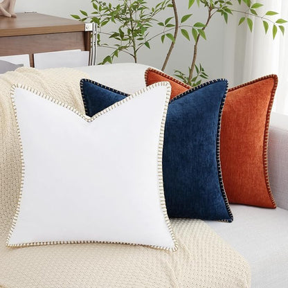 decorUhome Chenille Soft Throw Pillow Covers 24x24 Set of 2, Farmhouse Velvet Neutral Decorative Euro Pillow Covers with Stitched Edge for Couch Sofa Bed Home Decor, Poseidon