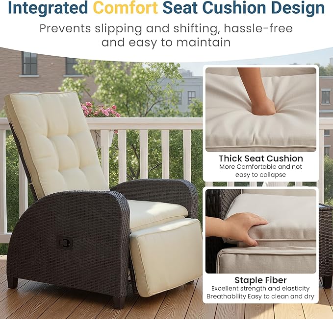 Green4ever Outdoor Patio Recliner with Independently Adjustable Backrest and Footrest, All-Weather Wicker Patio Chair, 160° Lay Flat Patio Reclining Lounge Chair for Backyard Garden, Beige