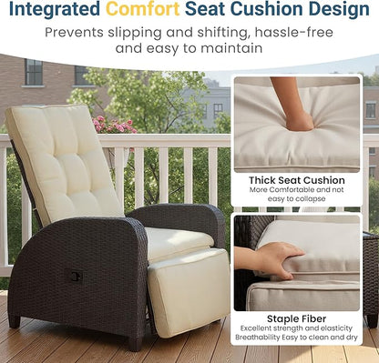 Green4ever Outdoor Patio Recliner with Independently Adjustable Backrest and Footrest, All-Weather Wicker Patio Chair, 160° Lay Flat Patio Reclining Lounge Chair for Backyard Garden, Beige