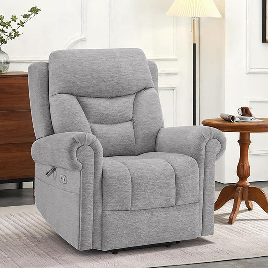 MCombo Triple Motor Power Lift Recliner Chair with Massage and Lumbar and seat Heating, Rolled Arms, Adjustable Headrest for Elderly People, Fabric 7888 (Grey, Medium)
