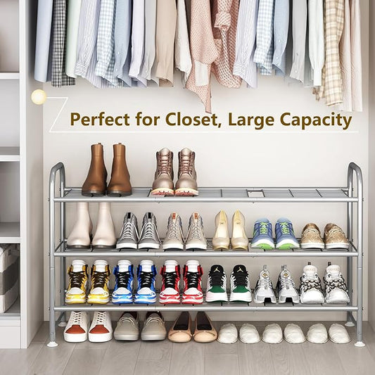 LINZINAR Shoe Rack 3 Tier Long Metal Shoe Organizer for Closet Entryway Grey