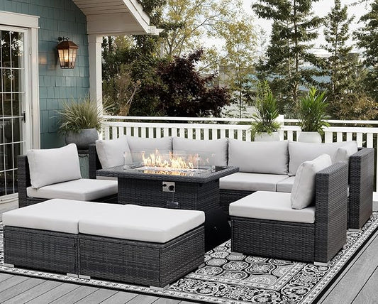 NICESOUL 29.3'' High Back Outdoor Patio Conversation Set with Firepit Natural Gas Propane Convertible, Plus Size Modular Wicker Furniture Couches, 9 Piece Modern Deep Wide Sectional Sofa, Light Gray