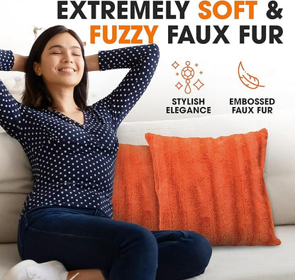 Cheer Collection Fall Decorative Throw Pillows for Couch – Set of 2 Faux Fur Fall Pillows for Couch, Cozy Fall Couch Pillows for Living Room or Bed, Soft, Rust Accent Pillows, 16" x 16"