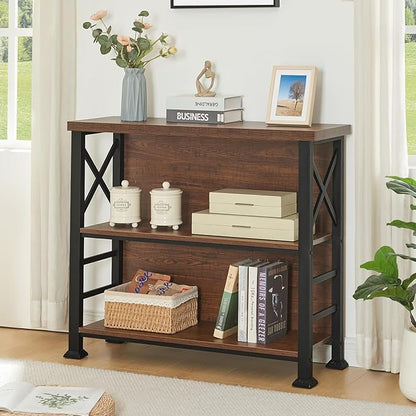 HOMBAZAAR Book Shelf,3 Tier Small Bookshelf with Metal Frame and Backboard,Rustic Brown Deep Bookcase with Engineered Wood Shelves,Short Shelf Bookcase for Living Room,Bedroom and Office
