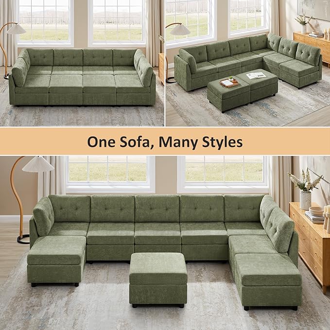 VANOMi 118" Cloud Sectional Couches for Living Room, 8 Seater Convertible Modular Sectional Sofa Bed, Comfy Chenille Sofas & Couches for Living Room, Apartment, Office, Green, Large Sofa Bed