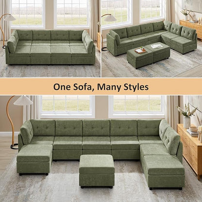 VANOMi 118" Cloud Sectional Couches for Living Room, 8 Seater Convertible Modular Sectional Sofa Bed, Comfy Chenille Sofas & Couches for Living Room, Apartment, Office, Green, Large Sofa Bed