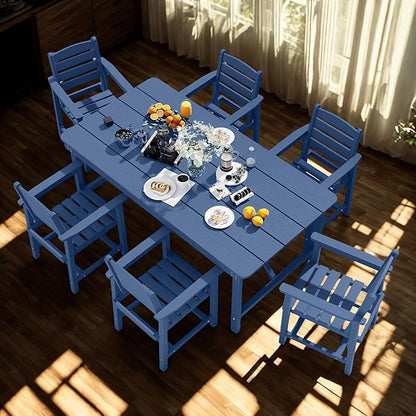 7 Piece Patio Dining Set with 11ft Patio Umbrella (Red), 7 Navy Outdoor HDPE Dining Set with 6 Chairs + 1 Large Table with 2" Umbrella Hole, for Market, Pool, Garden, Backyard, Deck