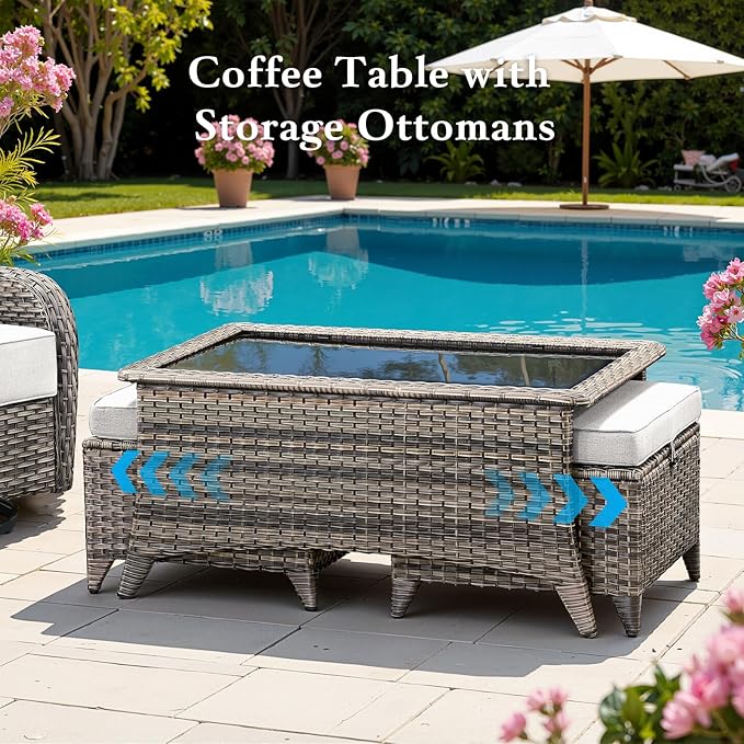 Belord Luxury 6" Thick Cushioned 11 Pieces Patio Furniture Set with Outdoor Couch, Wicker Outdoor Conversation Set with High Back Swivel Rocker Chairs for Deck Porch Yard and Poolside - Grey+Beige