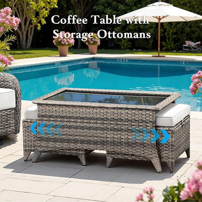 Belord Luxury 6" Thick Cushioned 11 Pieces Patio Furniture Set with Outdoor Couch, Wicker Outdoor Conversation Set with High Back Swivel Rocker Chairs for Deck Porch Yard and Poolside - Grey+Beige