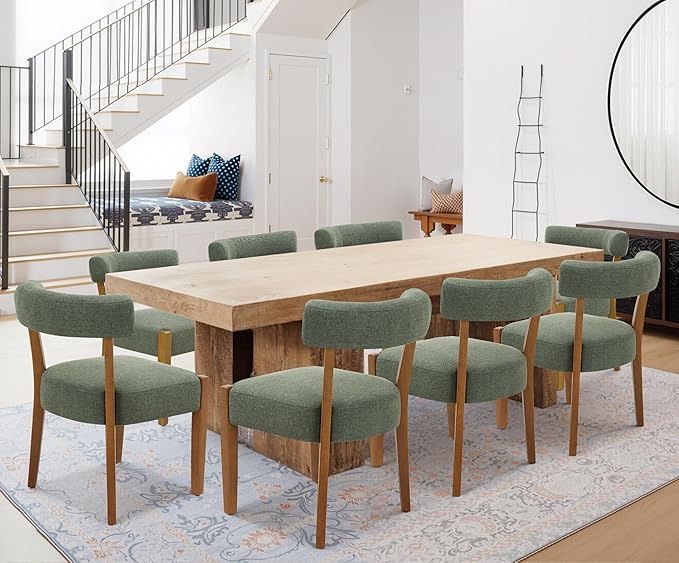 Modern Green Dining Chairs Set of 6, Walnut Upholstered Kitchen & Dining Room Chairs, Mid Century Modern Wooden Dining Chairs Oversized Sturdy Fabric Rounded Chairs Curved Back