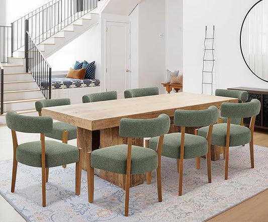 Modern Green Dining Chairs Set of 8, Walnut Upholstered Kitchen & Dining Room Chairs, Mid Century Modern Wooden Dining Chairs Oversized Sturdy Fabric Rounded Chairs Curved Back