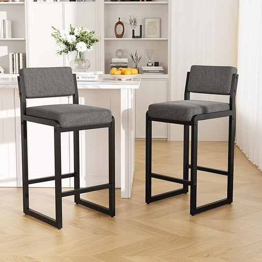 Bar Stools, Fabric Counter Height Bar Stools with High Back and Metal Legs, Upholstered Bar Chairs, 26" Modern Barstools for Kitchen Island, Grey