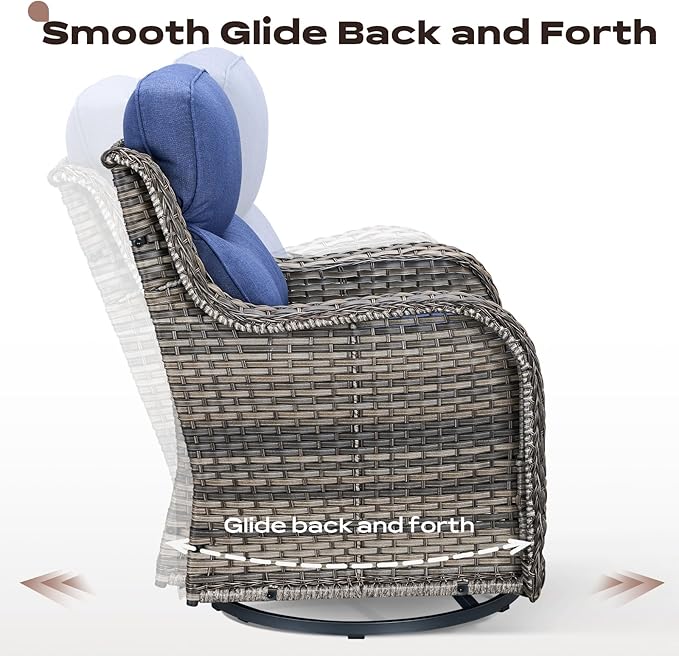 Rilyson Patio Outdoor Swivel Rocker Chairs Set of 2, Waterproof Wicker, High Back, Deep Seating, Wide Armrest, Upgraded 6 inch Thick Cushions, Ideal for Deck Porch Backyard, Mixed Grey/Blue